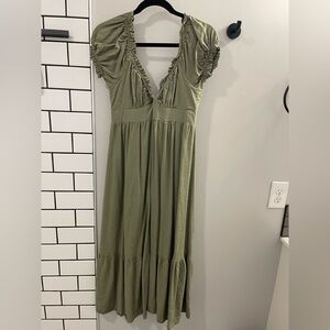 Petal & Pup Olive Green Maxi Dress with Ruffle Accents